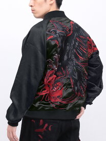 【絡繰魂・漆】“八咫烏と彼岸花”総刺繍リバーシブルスカジャン〔別注〕 ｜ 和柄 スーベニアジャケット 刺繍 通販 秋 秋服 メンズ レディース ユニセックス 黒 ブラック 赤 レッド M L LL XL 2L XXL 3L おすすめ ゆったり 大きめ 大きいサイズ ブランド 流儀圧搾 METHOD