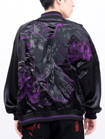 【絡繰魂・漆】“八咫烏と彼岸花”総刺繍リバーシブルスカジャン〔別注：web限定カラー〕 ｜ 和柄 スーベニアジャケット 刺繍 通販 秋 秋服 メンズ レディース ユニセックス 黒 ブラック 紫 パープル M L LL XL 2L XXL 3L おすすめ ゆったり 大きめ 大きいサイズ