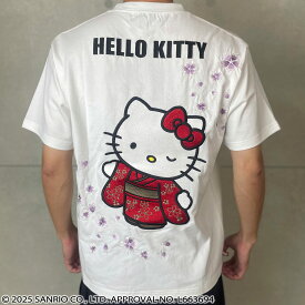 【絡繰魂×HELLO KITTY】“さくらとキティ”刺繍入りTシャツ ｜ キティー ティーシャツ Tシャツ 半袖 和柄 和 日本 通販 人気 おすすめ おしゃれ 着やすい 合わせやすい ブランド 流儀圧搾 M L XL LL 2L XXL 3L 春服 夏服 白 ホワイト 黒 ブラック 桜 さくら サクラ