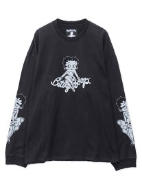 【MASTERMIND×BETTY BOOP】ダメージロンT｜ Tシャツ 長袖 長T ベティ ベティちゃん アメカジ バイカー 通販 メンズ レディース 大きいサイズ ゆったり カジュアル M L XL LL 2L S 春服 夏服 秋服 モノクロ カラー スカル ボーン 骨 ストリート アウトドア