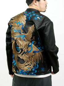 【絡繰魂・頂】“蒼炎”鳳凰刺繍入りレザージャケット〔別注〕 ｜ 羽織 長袖 ジャケット アウター ライダースジャケット フェイクレザー 和柄 和 日本 通販 メンズ 大きいサイズ ゆったり M L XL LL 2L XXL 3L 秋 冬 秋服 冬服 黒 ブラック フェニックス