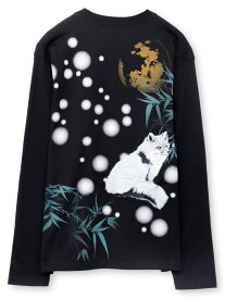 【絡繰魂】“キタキツネ”刺繍入りロンT ｜ ロンティー 長袖 長T からくり 和柄 和 日本 通販 メンズ レディース 大きいサイズ ゆったり カジュアル M L XL LL 2L XXL 3L 春服 秋服 黒 ブラック 狐 キツネ きつね 着やすい 合わせやすい