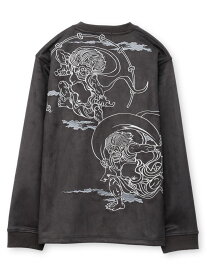 【絡繰魂】“風神雷神”刺入りフェイクスウェードロンT ｜ ロンティー 長袖 長T スウェード からくり 和柄 和 日本 通販 メンズ 大きいサイズ ゆったり カジュアル M L XL LL 2L XXL 3 秋服 冬服 黒 ブラック カーキ 茶 キャメル