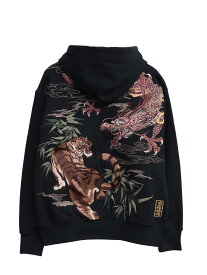 【絡繰魂・粋】“龍虎”総刺繍ZIPパーカー ｜ 羽織 長袖 パーカー フルジップパーカー スウェット フーディー からくり いき 和柄 和 日本 通販 メンズ レディース 大きいサイズ ゆったり M L XL LL 2L XXL 3L 春 秋 春服 秋服 黒 ブラック タイガー ドラゴン 竜 トラ