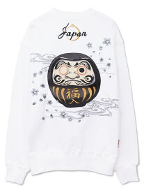 【絡繰魂】“達磨JAPAN”刺繍入りトレーナー ｜ ロンティー 長袖 長T からくり 和柄 和 日本 通販 メンズ レディース 大きいサイズ ゆったり ビッグシルエット カジュアル M L XL LL 2L XXL 3L 春 秋 春服 秋服 白 ホワイト 黒 ブラック 縁起物 御利益 ご利益