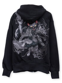 【絡繰魂・漆】“黒 猫又”総刺繍ZIPパーカー ｜ 羽織 長袖 パーカー スウェット フーディー からくり うるし 和柄 和 日本 通販 メンズ レディース 大きいサイズ ゆったり M L XL LL 2L XXL 3L 春服 秋服 冬服 黒 ブラック ネコ カジュアル 通学 猫 cat フルジップパーカー