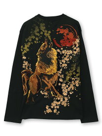 【絡繰魂・粋】“月光狼”刺入りロンT ｜ ロンティー 長袖 長T からくり いき 和柄 和 日本 通販 メンズ レディース 大きいサイズ ゆったり M L XL LL 2L XXL 3L 春服 秋服 冬服 黒 ブラック 白 ホワイト 狼 オオカミ wolf moon