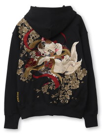 【絡繰魂・粋】“猫又戯れ”刺繍入りZIPパーカー ｜ 羽織 長袖 フルジップパーカー スウェット フーディー からくり いき 和柄 和 日本 通販 メンズ レディース 大きいサイズ ゆったり M L XL LL 2L XXL 3L 春 秋 冬 春服 秋服 冬服 黒 ブラック 白 ホワイト ネコ cat 猫