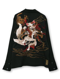 【絡繰魂・粋】“踊る猫又”刺繍入り長袖シャツ ｜ ボタンシャツ カジュアルシャツ 長袖 オープンカラーシャツ からくり いき 和柄 和 日本 通販 メンズ レディース 大きいサイズ ゆったり ビッグシルエット M L XL LL 2L XXL 3L 春服 秋服 黒 ブラック 白 ホワイト ネコ