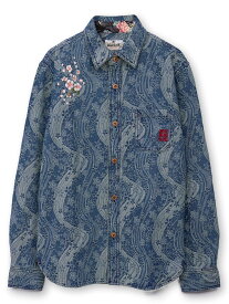 【絡繰魂】“桜流水”デニムジャガード長袖シャツ ｜ ボタンシャツ カジュアルシャツ 長袖 羽織 アウター からくり 和柄 和 日本 通販 メンズ レディース 大きいサイズ ゆったり M L XL LL 2L XXL 3L 青 ブルー 紺 ネイビー さくら サクラ 桜