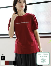 トップス (15-0552) レディース Tシャツ カットソー 半袖 五分袖 パフスリーブ 接触冷感 ひんやり 涼しい ウォッシャブル ロゴ プリント オフ ホワイト レッド グレー ブラック 【メール便】