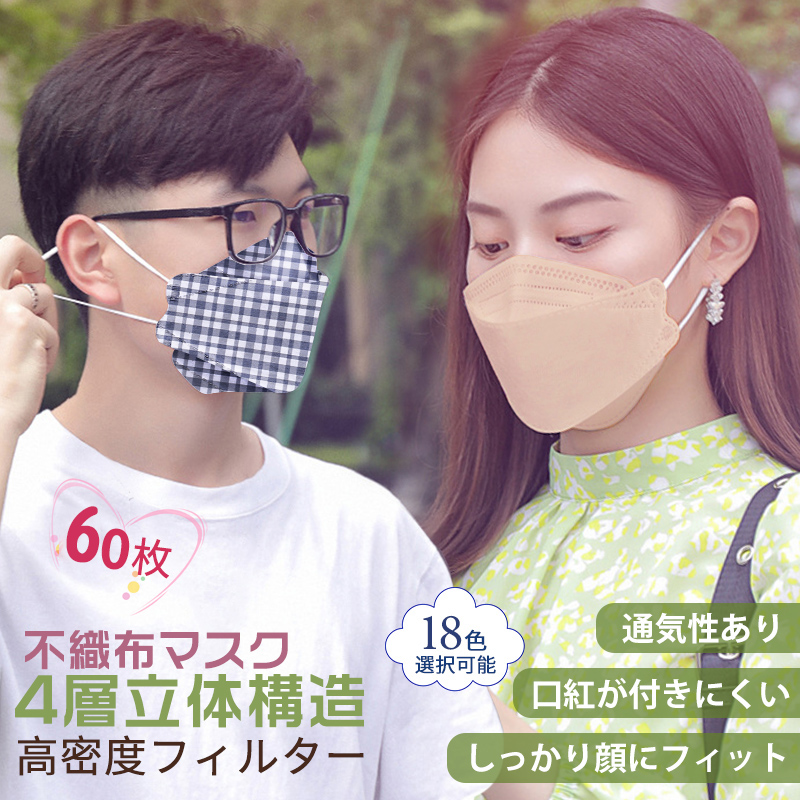 マスク 不織布 魚形マスク 柳型マスク 立体マスク 60枚入り 10枚入x6包 四層構造 mask 使い捨てマスク 不織布マスク カラーフル 日本メーカー新品 在庫処分 大人用
