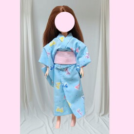 1/6ドール用アウトフィット 浴衣二点セット 水色×リボン柄