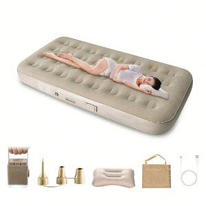 【電動エアーベッド】ポンプ内蔵 枕付き フロック加工 極厚 防水仕様 シングル・ダブル対応 折りたたみ式 収納袋付き 車中泊 防災 キャンプ 来客用 快適マットレス 高反発モデル ポンプ内