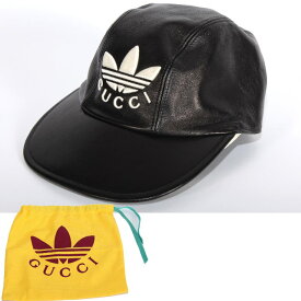 【期間限定】adidas x Gucci アディダス グッチ コラボ 限定 チンストラップ付き ベースボールキャップ ブラック ラムレザー　724622 3HANU 1077 GG トレフォイル 帽子メンズ レディース ユニセックス【新品/未使用/正規品】売れ筋