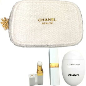 CHANEL シャネル　エッセンシャルケアセット　ポーチ　cc-holiday-2024　コフレ3点set　ハンドクリーム　ラ クレーム マン　ルージュココボーム912　リップ　クリスマスホリデー限定　ビューティ化粧品 コスメ メイク　クラッチバッグ