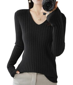 Vネック リブニット セーター レディース トップス リブセーター ストライプ 長袖 こなれ感 抜け感 無地 おしゃれ 春 秋 冬 ニット ニットトップス 秋冬 長袖ニット カジュアル オフィス M L XL 2XL