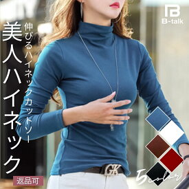 ハイネック インナー レディース カットソー 長袖 長そで ロング Tシャツ 防寒 大きいサイズ きれいめ 秋 冬 トップス 無地 黒 白 赤 ターコイズ M～2XL