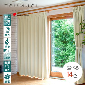 【幅300cmまでの1cmオーダー可】オーダーカーテン　遮光1級　防炎　【1枚】　選べる14色　【リーチェ】　幅50～300cm丈50～270cm　形状記憶加工　防炎　省エネ　厚地　無地　防炎　防音　遮熱　断熱　洗える　ネオプレミアプリーツ加工　ドレープカーテン【TSUMUGI】