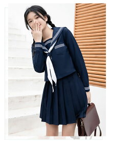 セーラー服 長袖 上下セット 女子高生 スクール制服 学生服 清純コスプレ コスチューム 3点セット 紺三本 コスプレ 前開き 通学 入学式 卒業式 本格制服 紺色 中学生 高校生 大人