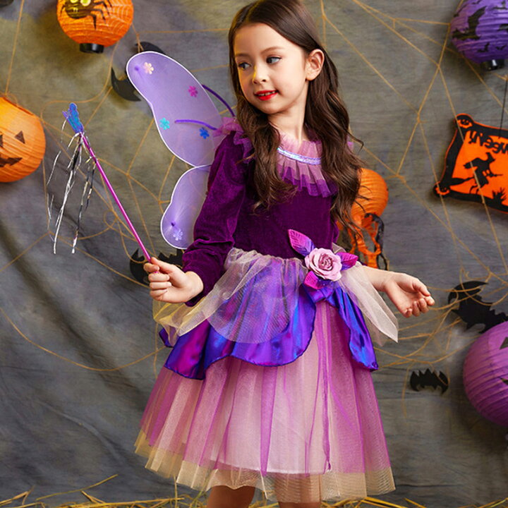 楽天市場 ハロウィン 衣装 女の子 魔女 ３点セット コスプレ コスチューム ワンピース セット 長袖 ノースリーブ 翼 天使 パープル Halloween Cosplay 子供 キッズ ガールズ 変装 仮装 演出 発表会 イベント 幼稚園 小学生 ワンピース パンツ 90 100 110 1