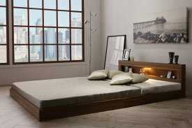 フロアベッド ダブル【Rufen】【ポケットコイルマットレス：レギュラー付き】フレームカラー：ウォルナットブラウン マットレスカラー：ブラック LEDライト・コンセント付きフロアベッド【Rufen】ルーフェン