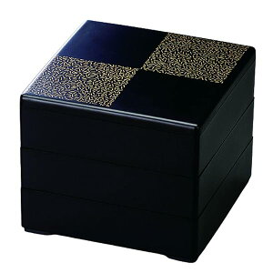 J-kitchens 重箱 3段 7.0寸 彩 お重箱 艶消黒 地紋金市松 21.0cm x 21.0cm x 16.5cm 日本製
