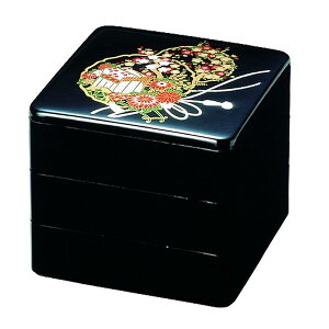 J-kitchens 重箱 3段 6寸 お重箱 黒 花御所車 18.1cm x 18.1cm x 16.3cm 日本製