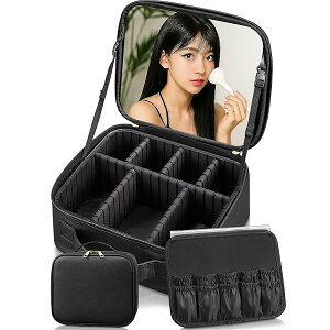 【高さ15cmリッキットファンでも縦置き収納 】メイクボックス 鏡付き 大容量 プロ仕様 ワイドミラー 持ち運び 取っ手付き おしゃれ 可愛いコスメ収納 化粧箱 コスメケース (ブラック, 高さ15c