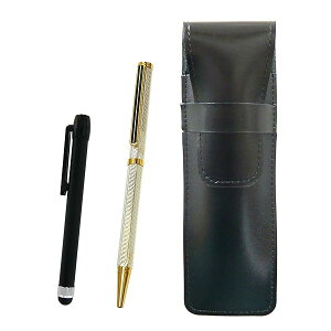 スリム牛革ペンケース黒 メタルタッチ棒黒と真鍮六角回転ホリ金ボールペンセット 銀 ASB-ALB-6KSBP-S