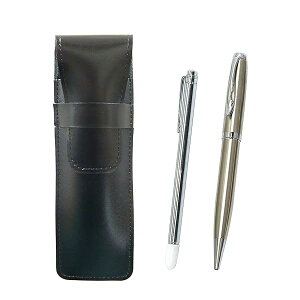 スリム牛革ペンケース黒 金属製指示棒とエレガントシルバー回転ボールペンセット ASB-701S-LF01CB