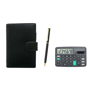 ミニ電卓付 エコB7牛革ミニシステム手帳 黒 金属回転式ボールペンセット T23-D-LS002B-802