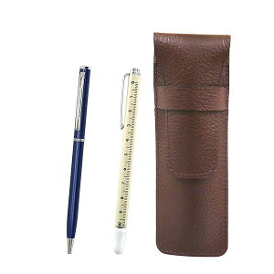 シボチョコカラー牛革ペンケース スライドメジャー指示棒とスリム回転式ボールペンセット 青 SASTYO-708W-PD04-L