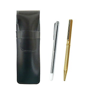 スリム牛革ペンケース黒 金属製指示棒と真鍮六角回転ホリ金ボールペンセット 金 ASB-701S-6KSBP-K