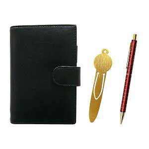 メタルしおり付 エコB7牛革ミニシステム手帳 黒 標準サイズ金属ストレートノック・ダブルアルマイト加工赤格子シャープペンセット 赤 T23-NKK01-LS002B-NQ25KS-R