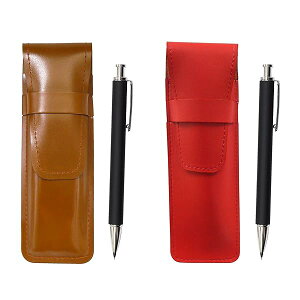 スリム牛革ペンケース赤茶セット 押し出し成型ラバー軸真鍮ノックシャープペン 黒 ASCR-HS301S