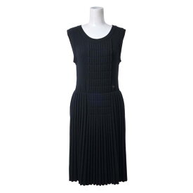 CHANEL P31446K00493 パターン切替 ウール プリーツ リブ ニット ワンピース 38 ブラック シャネル 【中古】