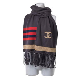 CHANEL P36264K02173 ラメ ココマーク ストライプ カシミヤ フリンジ マフラー - ブラウン シャネル 【中古】