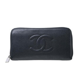 CHANEL キャビアスキン ラウンドジップ 長財布 ウォレット - ブラック シャネル 【中古】