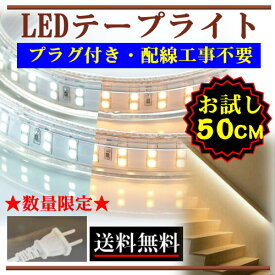 LEDテープライト コンセントプラグ付き AC100V 50CM 高輝度 明るい 配線工事不要 簡単便利 昼光色 電球色 間接照明 棚照明 二列式 CY-TPX0M