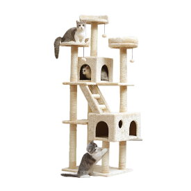 中大型 キャットタワー ｜ 多頭飼い 高さ173×幅50×奥行き60 据え置き 大型猫 中型猫 子猫 成猫 隠れ家 爪研ぎ 麻紐 階段付き 遊びのポンポン 展望台3本 頑丈耐久 組み立て簡単 図解付き 人気