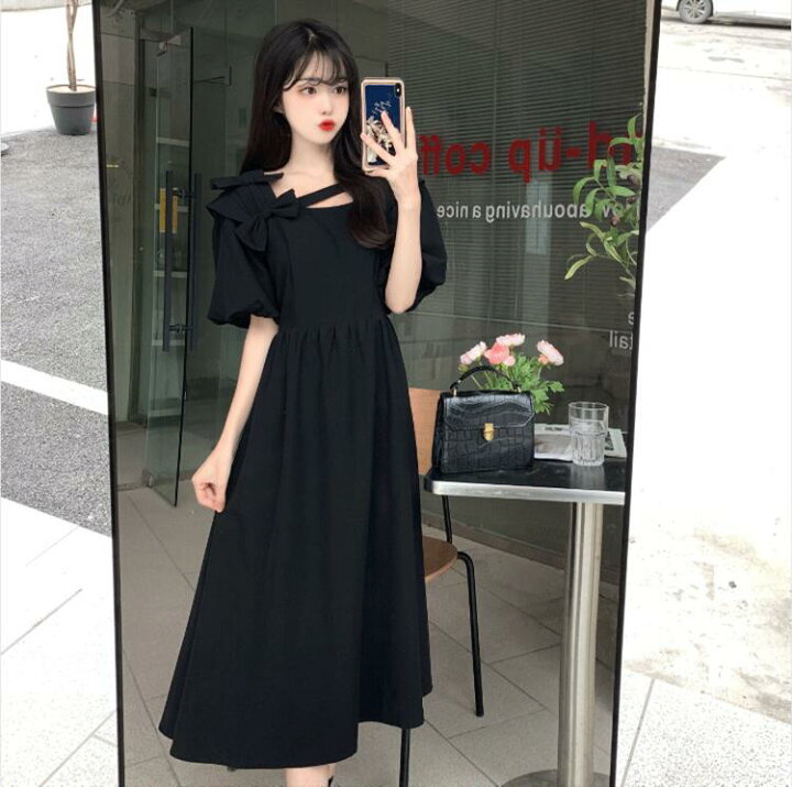 楽天市場】ワンピース レディース 黒 半袖 パフスリーブ ロング丈 春 