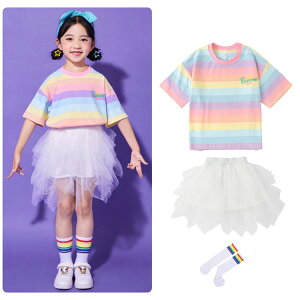 虹色 tシャツ ストライプ柄 キッズダンス衣装 セットアップ ヒップホップ 衣装 キッズ 子供服 男の子 女の子 tシャツ 半袖 パンツ ショーツ スカート 白 チアダンス k-pop 団体服 演出服 イベン