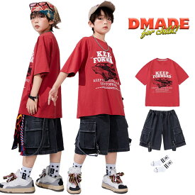 車柄 tシャツ 赤 キッズ ダンス衣装 セットアップ 上下セット 韓国 子供ダンス 女の子 男の子 トップス 半袖 レッド パンツ ショート丈 練習着 HIPHOP 演出服 練習着 舞台 カッコイイ ダンスウェア ジュニア ダンス発表会 おしゃれ 110-180cm【D MADE】