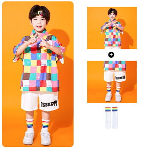 虹色 tシャツ チェック柄 キッズダンス衣装 セットアップ ヒップホップ 衣装 キッズ 子供服 男の子 女の子 tシャツ 半袖 パンツ ショーツ スカート 白 チアダンス k-pop 団体服 演出服 イベント
