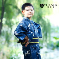 浴衣 子供 鶴柄 紺色 男の子 キッズ 2点セット 浴衣 兵児帯 ダークブルー ネイビー 浴衣セット キッズ レ…