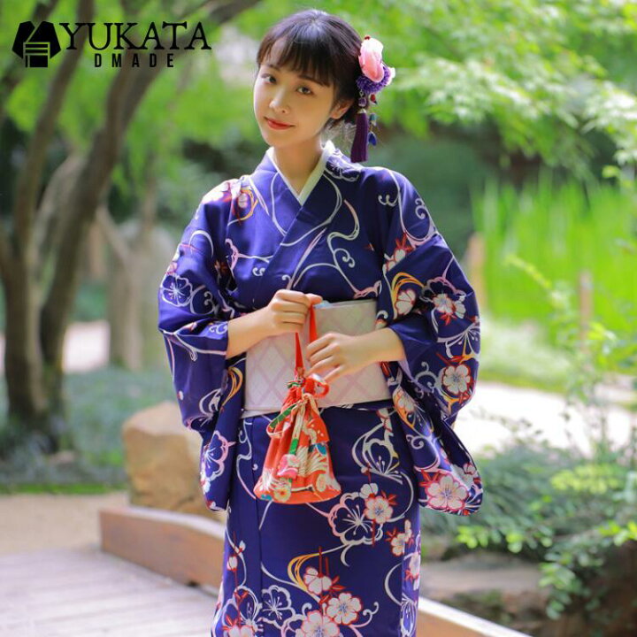 楽天市場】浴衣 レディース セット 8点セット ゆかた 紺色 花柄 レトロ  