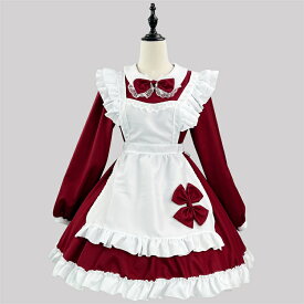 メイド服 レディース ワンピース パフスリーブ 赤 黒 黄 緑 ピンク 紫 萌え 大きいサイズ コスプレ メイドカフェ エプロン メイドドレス 蝶タイ イベント ハロウィン衣装 コスチューム 個性的 ガーリー 仮装 裾フリル Lolita 学園祭 出し物 喫茶店 cosplay 可愛い【D MADE】
