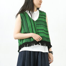 【30％OFF】TUMUGU（ツムグ） ジャガードストライプ ベスト / レディース ワイド Vネック ショート丈 薄手 ボーダー コットンリネン フリンジ【セール】