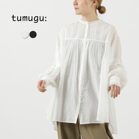 TUMUGU（ツムグ） カディコットン チュニックシャツ / レディース ブラウス レース 長袖 長め インド綿 コットン バンドカラー 襟なし